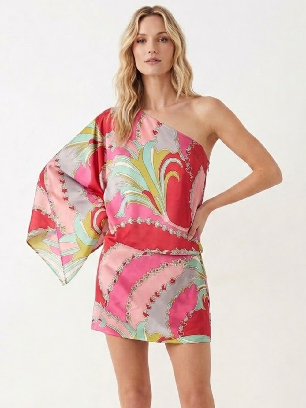 Laundry By Shelli Segal One-Shoulder Multicolor Pink Print Mini Dress
